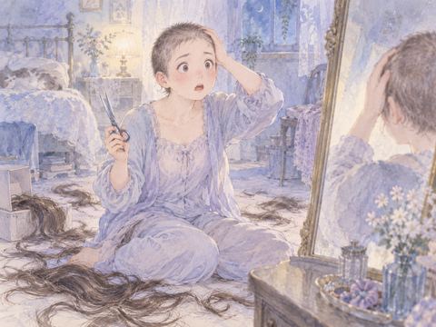 髪を切りすぎて坊主頭になり鏡の前で驚く女性