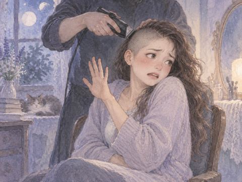 他人に髪を剃られそうになり嫌がって身を引く女性