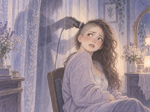 顔の見えない人物に髪を剃られて戸惑う女性
