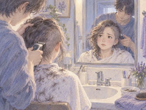 知人に髪を剃られ戸惑いながら鏡を見る女性