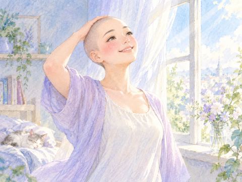 坊主頭になって晴れやかな笑顔で窓辺に立つ女性