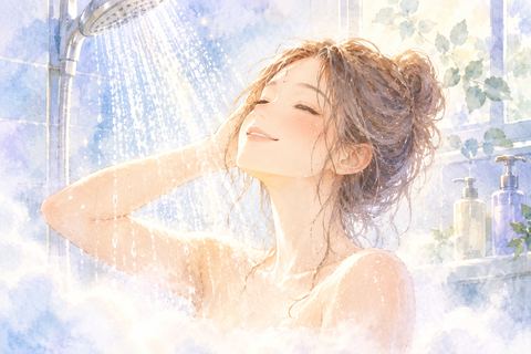 シャワーを浴びて晴れやかな表情の女性