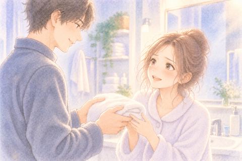 浴室で穏やかに向き合う恋人同士