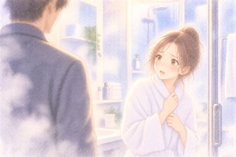 浴室で見知らぬ人に戸惑う女性