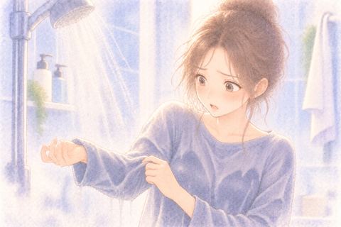 服を着たままシャワーを浴びる女性