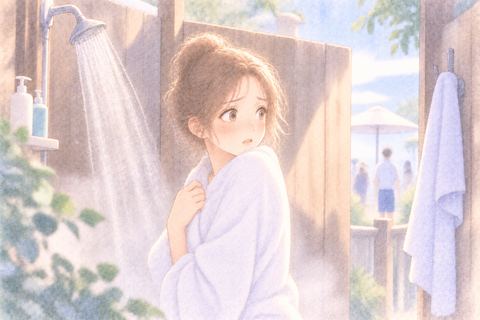 屋外のシャワーで周囲を気にする女性