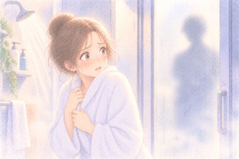 浴室の外の人影に気づく女性