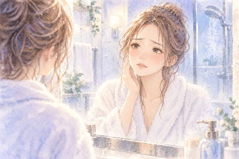 シャワーのあとも浮かない表情の女性