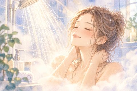 温かいシャワーにほっとする女性