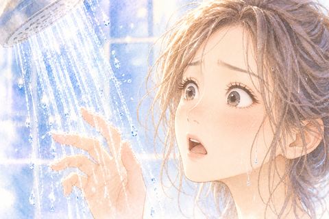 冷たいシャワーに驚く女性