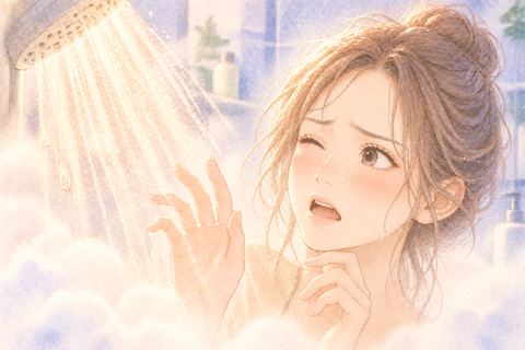 熱いシャワーに戸惑う女性