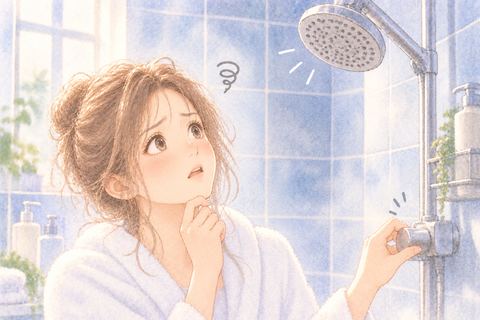 水が出ないシャワーを見上げる女性