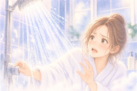 止まらないシャワーに戸惑う女性