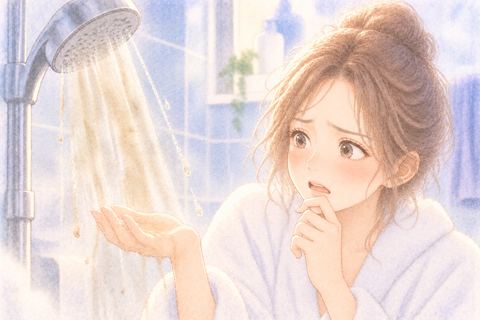 濁ったシャワーの水に戸惑う女性