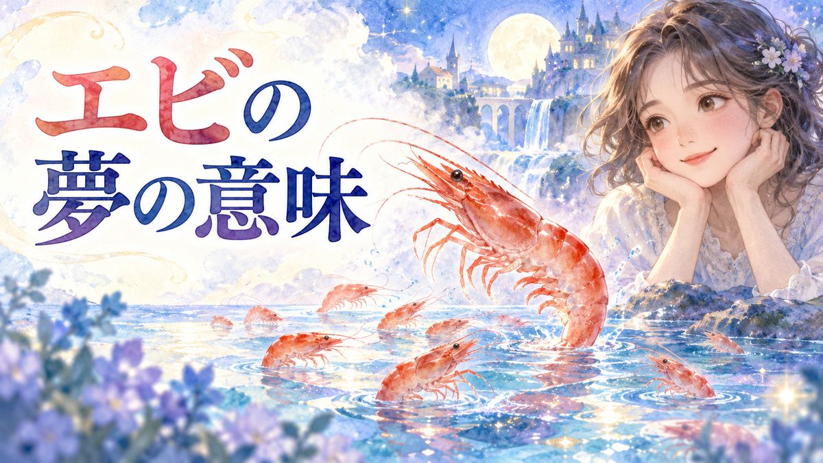 優しく微笑む大人の女性と、夢の水辺に浮かぶエビの群れや大きなエビ