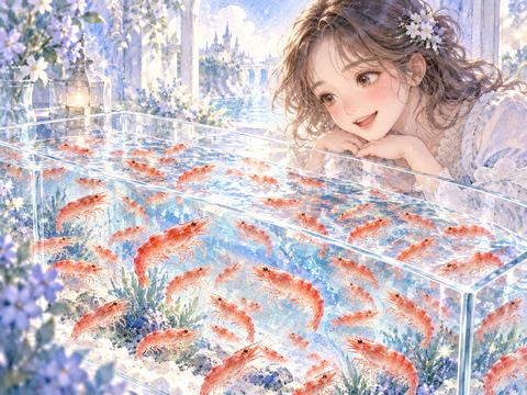澄んだ水を泳ぐたくさんのエビを嬉しそうに眺める女性