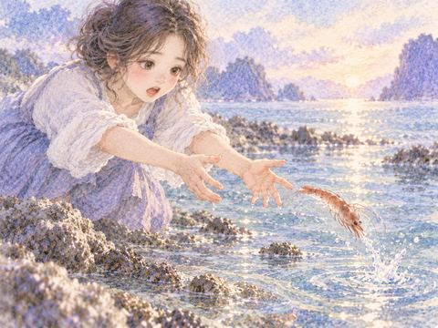 女性の手元からエビが跳ねて水へ逃げる瞬間