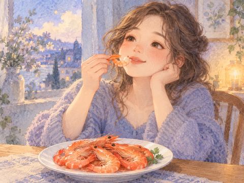 食卓で殻をむいたエビをおいしそうに食べる女性