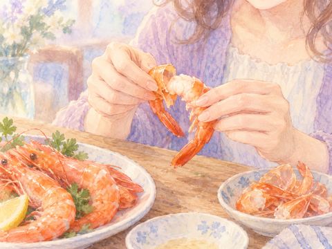 女性の手がエビの殻を丁寧にむいて身を取り出す様子