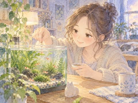 水草のある水槽で小さなエビに餌をあげる女性