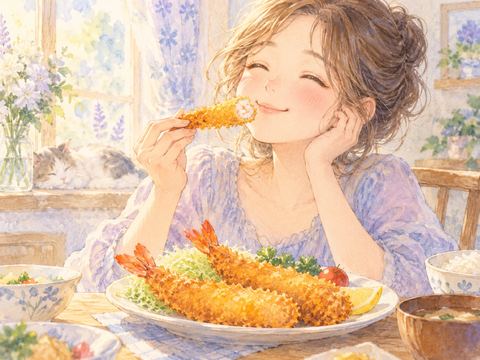 揚げたてのエビフライを食べて幸せそうに微笑む女性