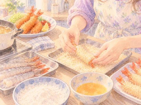台所でエビに衣をつけてエビフライを準備する女性