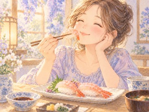 淡い桃色の甘エビの寿司をゆっくり味わう女性