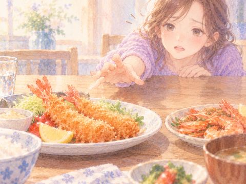 目の前のエビ料理に手が届かず残念そうにする女性