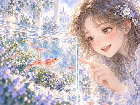 珍しい模様のエビを水槽で見つけて微笑む女性