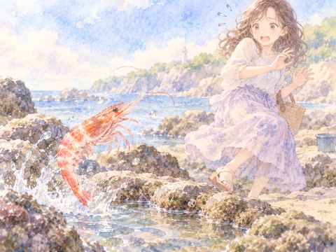 跳ねて近づくエビに驚き後ずさりして逃げる女性