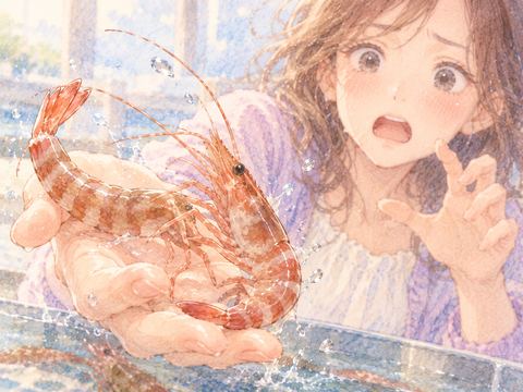 手のひらで跳ねるエビの硬い殻に驚く女性