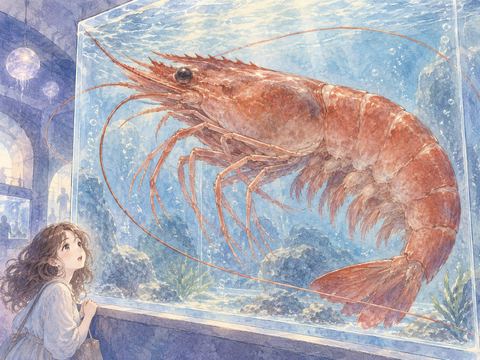 水槽にいる一匹の巨大なエビを驚いて見上げる女性
