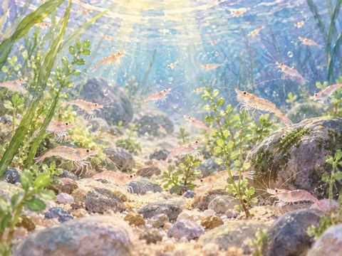 透明な水の底で小さなエビがたくさん集まり泳ぐ様子