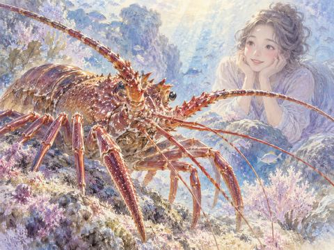 立派な触角と鮮やかな殻を持つ伊勢海老を見つめる女性