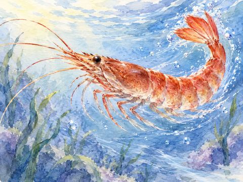 澄んだ水の中を尾を動かして勢いよく泳ぐエビ