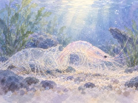 古い殻から抜け出すエビと水底に残された抜け殻