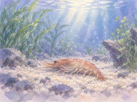 静かな水槽の底で動かなくなった一匹のエビ