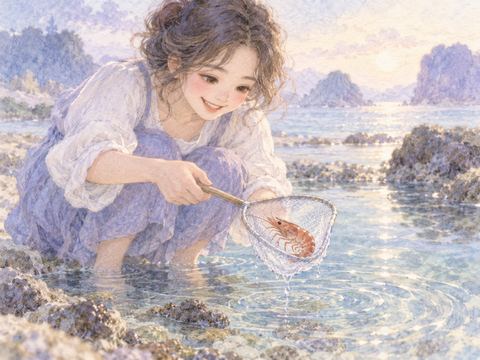 浅い水の中のエビを小さな網ですくい上げる女性