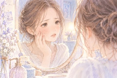 乾燥した頬を鏡で見て気にする大人の女性