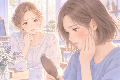 肌荒れした知人を心配そうに見る大人の女性
