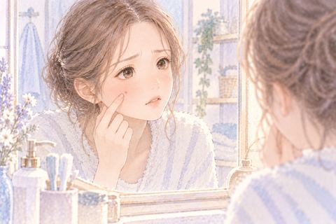頬の小さなニキビを鏡で確認する大人の女性