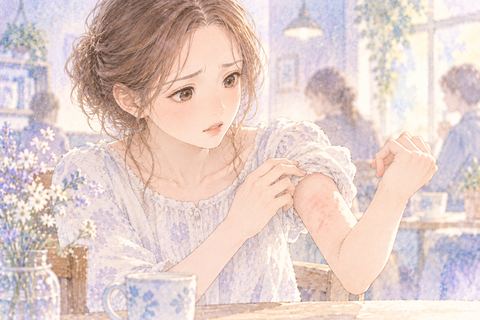 腕に広がるじんましんを見て戸惑う大人の女性