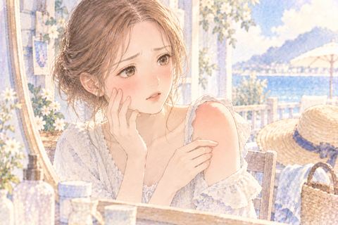 日焼けした頬と肩を気にする大人の女性