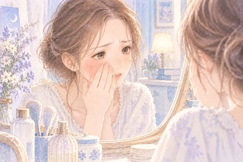 荒れた頬を隠し悲しそうに鏡を見る大人の女性