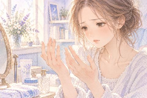 乾燥してひび割れた手を見つめる大人の女性