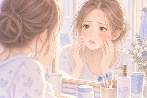 鏡で広がる肌荒れを見て焦る大人の女性