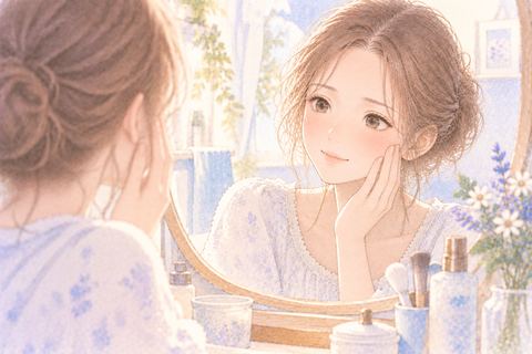 きれいになった肌を鏡で見て安心する大人の女性