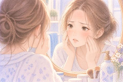 顔の肌荒れを気にして鏡を見る大人の女性