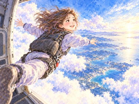 飛行機の開いた扉から自分の意思で飛び出す女性