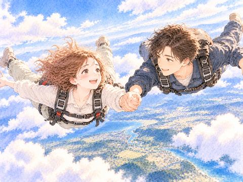 青空で手をつないでスカイダイビングする恋人同士